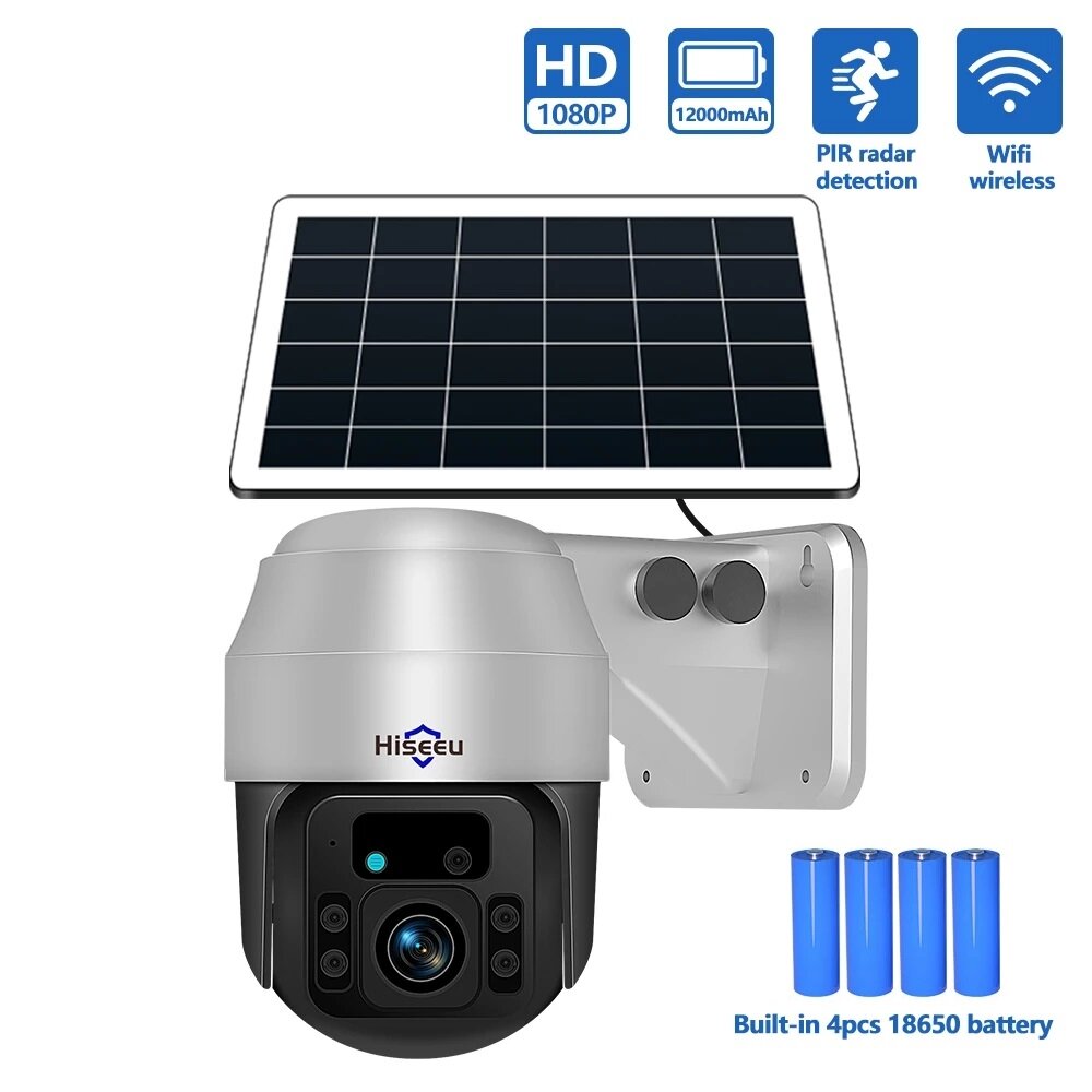 

Hiseeu 2MP HD 1080P PTZ WiFi Wireless PIR Solar IP Camera 6W Solar Panel Outdoor 4pcs Rechargeable Battery Panel Smart S