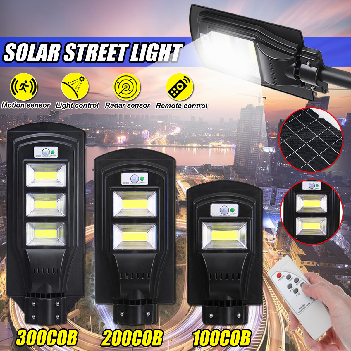 100/200/300 COB LED-straatverlichting op zonne-energie PIR Bewegingsradarsensor Buitenwandlamp + afs