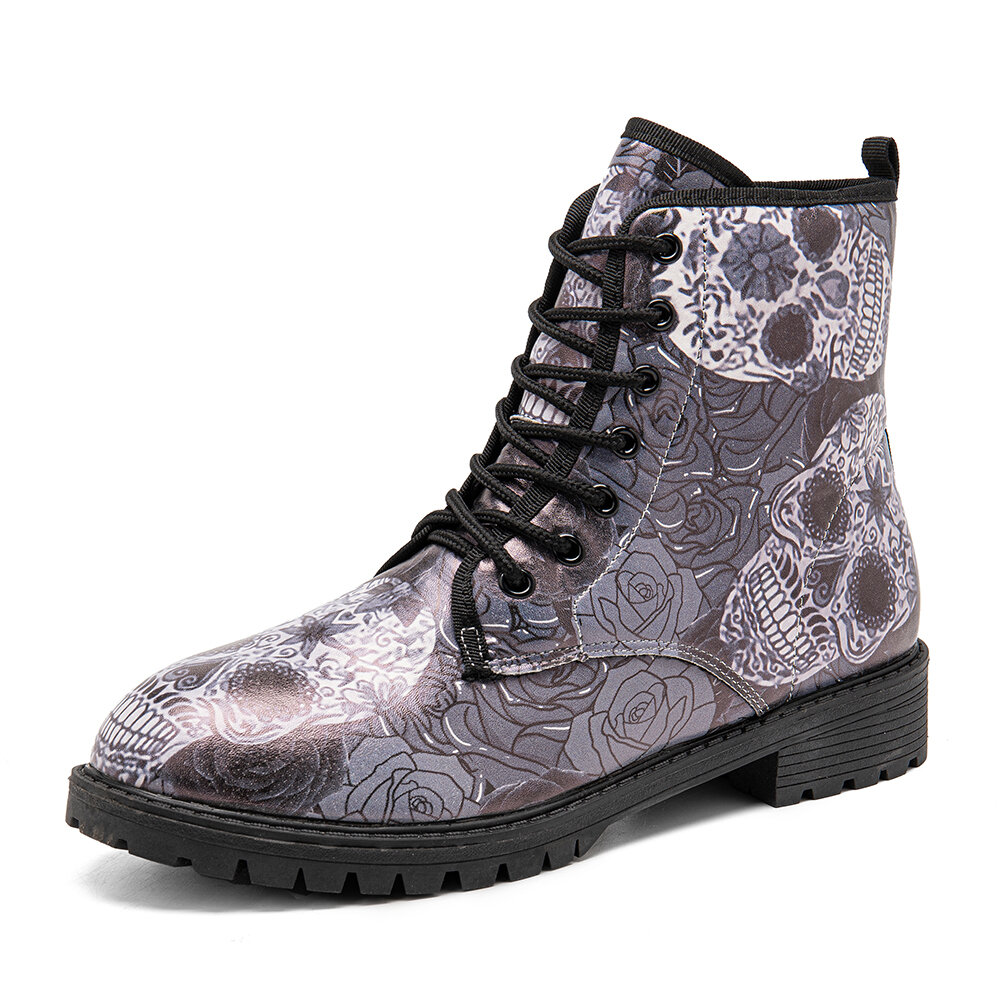 Women Leather Halloween Retro Floral Skull Pattern Thick-soled Lace-up Soft Comfy Casual Martin Boots