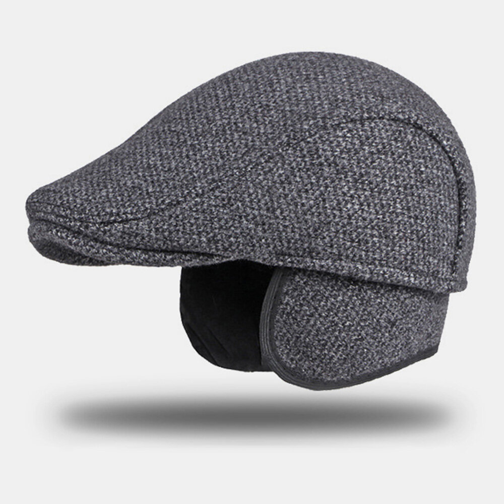

Men Woolen Plus Velvet Warm Beret Cap Winter Ear Protection Thicken Brim British Forward Hat Newsboy Hat