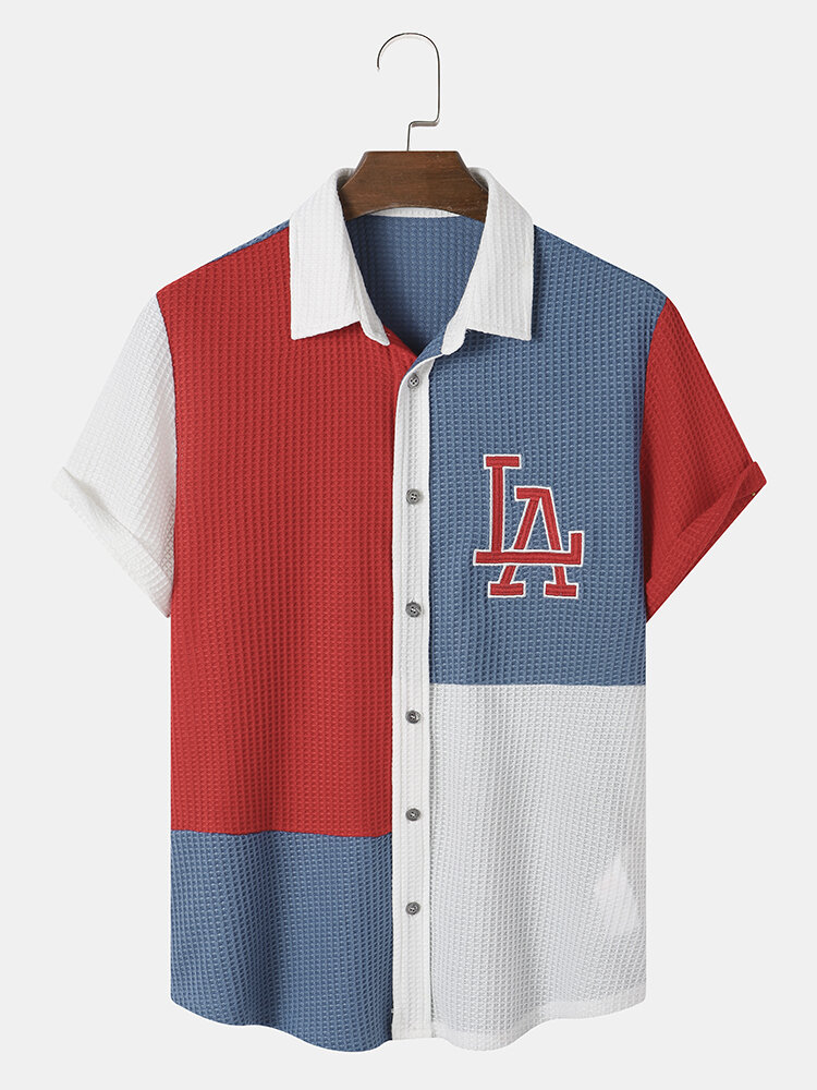 Men LA Print Colorblock Waffles Texture Short Sleeve Front Button Casual Shirts
