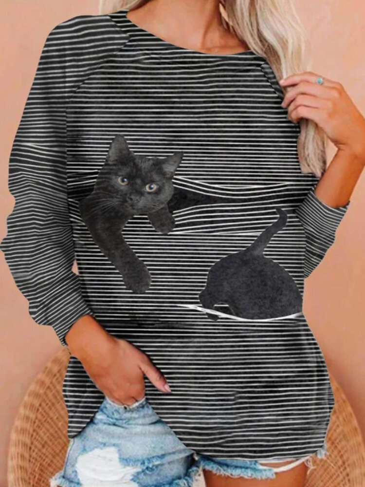 Women Cartoon Black Cat Striped Print O-Neck Plus Size Casual Blouses