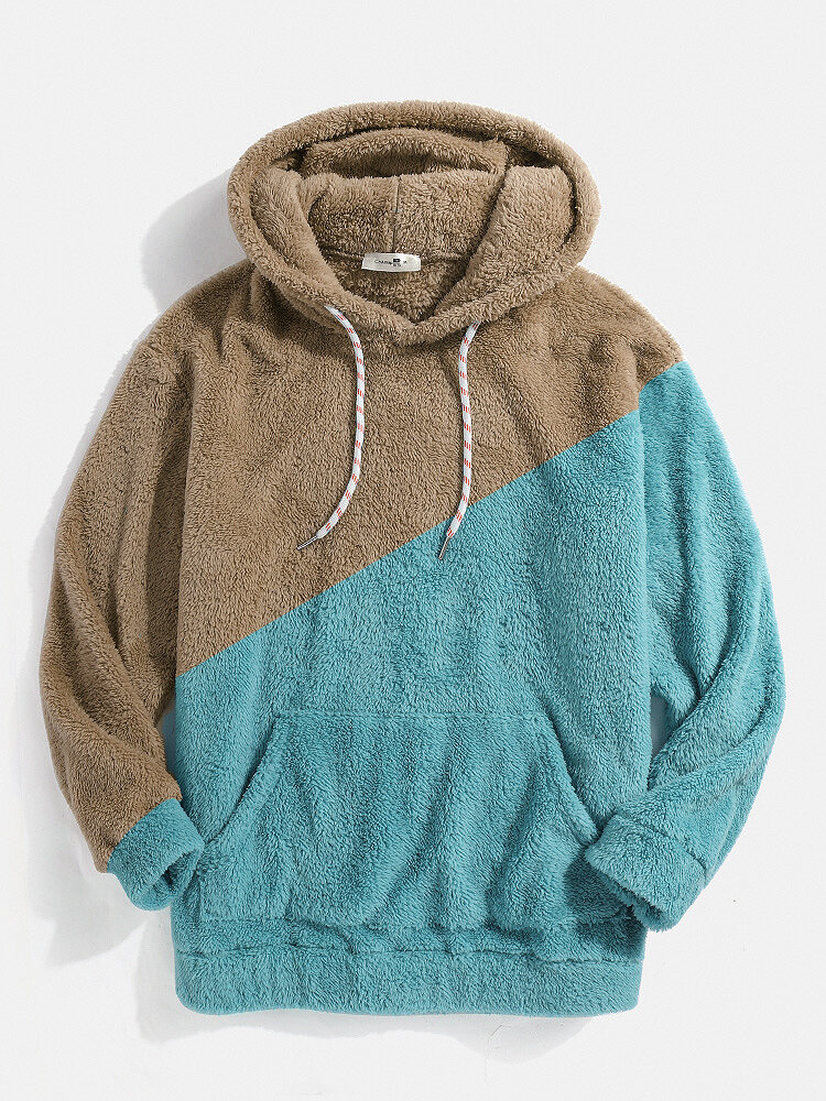 

Men Teddy Contrast Color Patchwork Drawstring Casual Hooded Sweatshirt