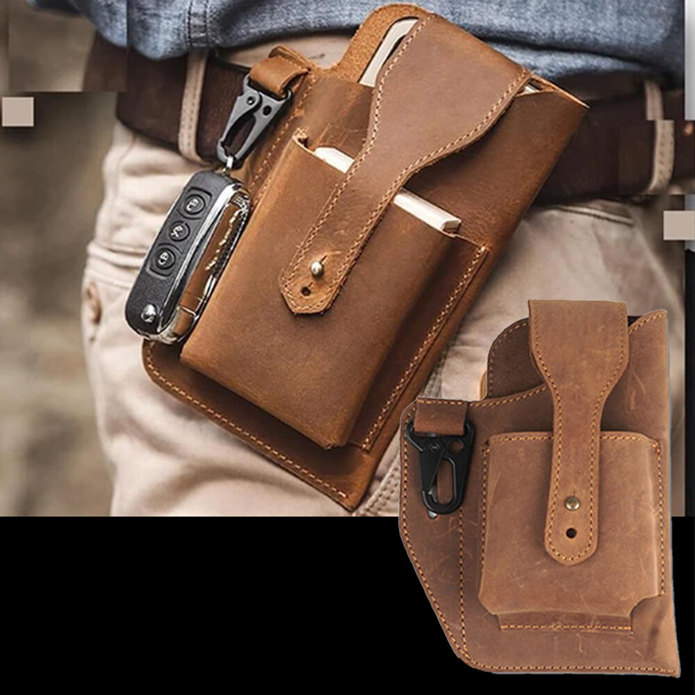 

Ekphero Men Genuine Leather Vintage 6.3 Inch Phone Bag Multifunction Keychain Cowhide Waist Bag