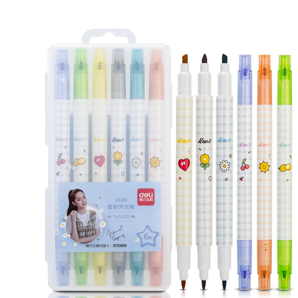

[ From XM ] Deli S606 6pcs/box Double Head Soft Color Fluorescent Pen Highlighter Pen Plastic Marker Cute Stationery Sch