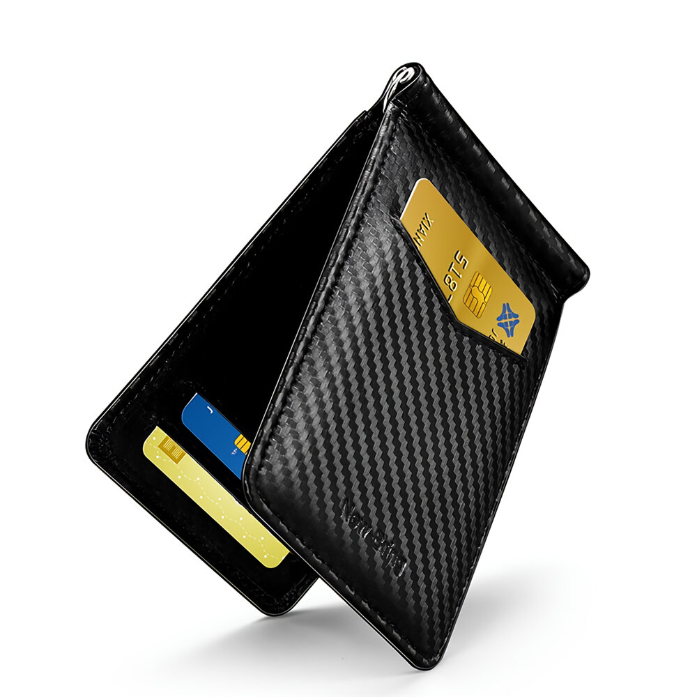 

NewBring Card Holder RFID Blocking Wallet Black Carbon FIber Look Money Clip Blocking Driver License ID Cash Storage Gif