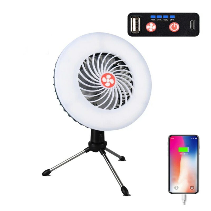 Portable Fan Light USB Recharge Power Bank Camping Lamp Multifunction Outdoor Lighting LED Hanging Tent Fan Light