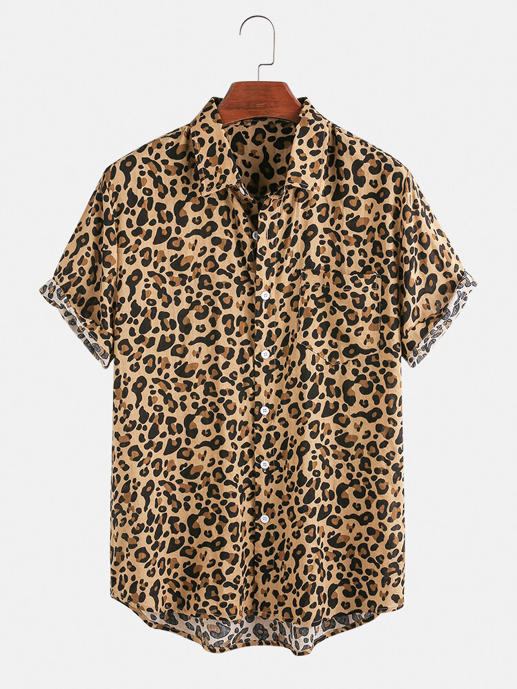 Heren katoenen luipaardprint Casual reverskraag Shirts met korte mouwen
