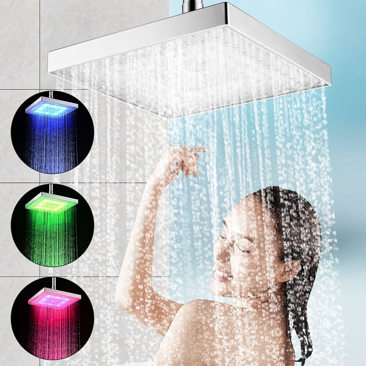 Bathroom LED Rainfall Shower Head High Pressure Shower Head RGB Color-Changing Temperature Sensor Showerhead