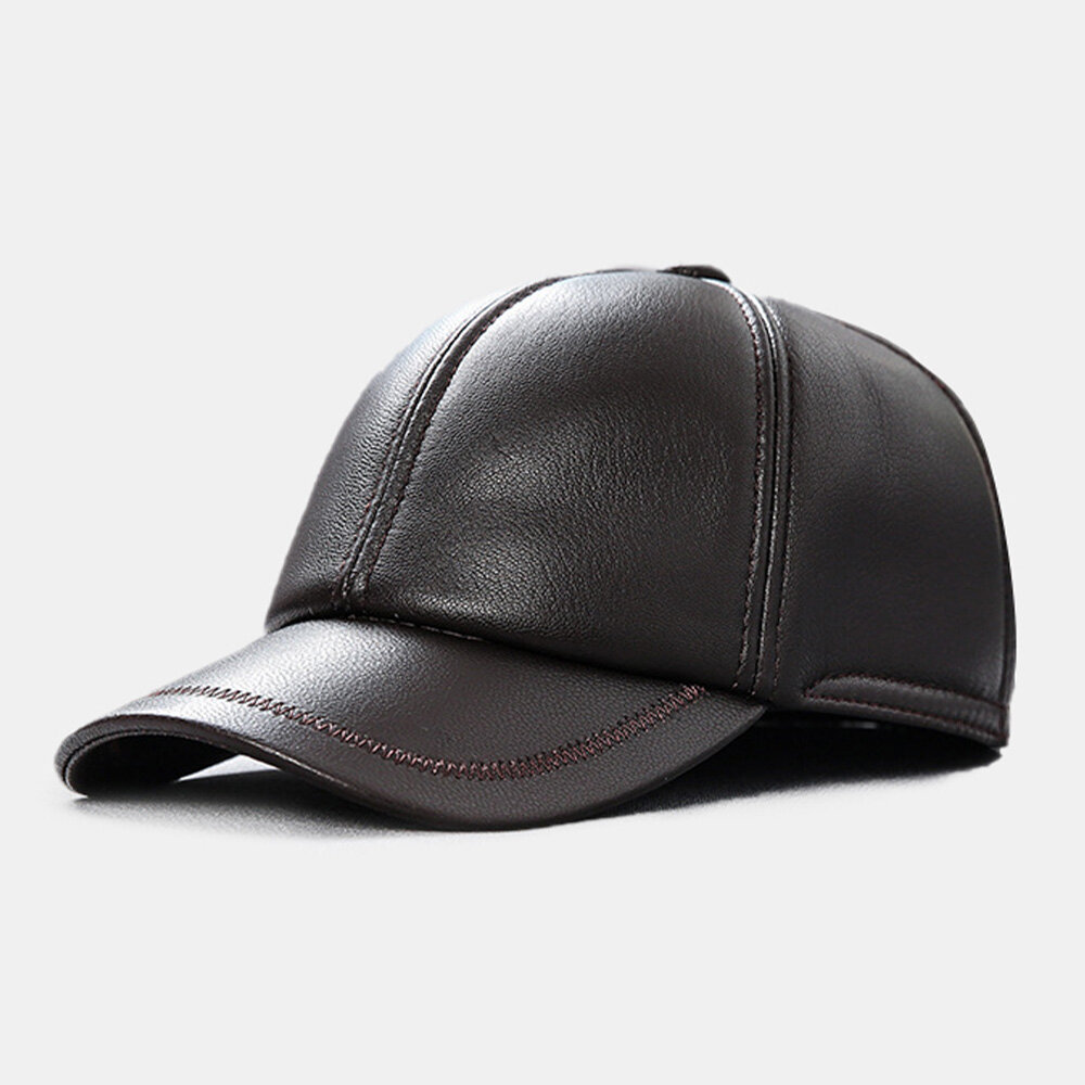 Men Genuine Leather Patchwork Embroidery Thread Dome Casual Windproof Sunshade Baseball Cap