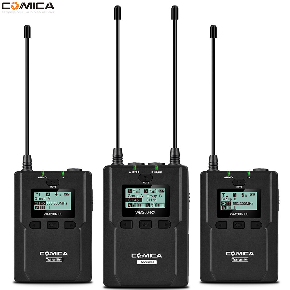 

COMICA CVM-WM200A 2T1R UHF 96 Channels Wireless Lavalier Microphone Transmitters Receiver System for DSLR Camera Camcord