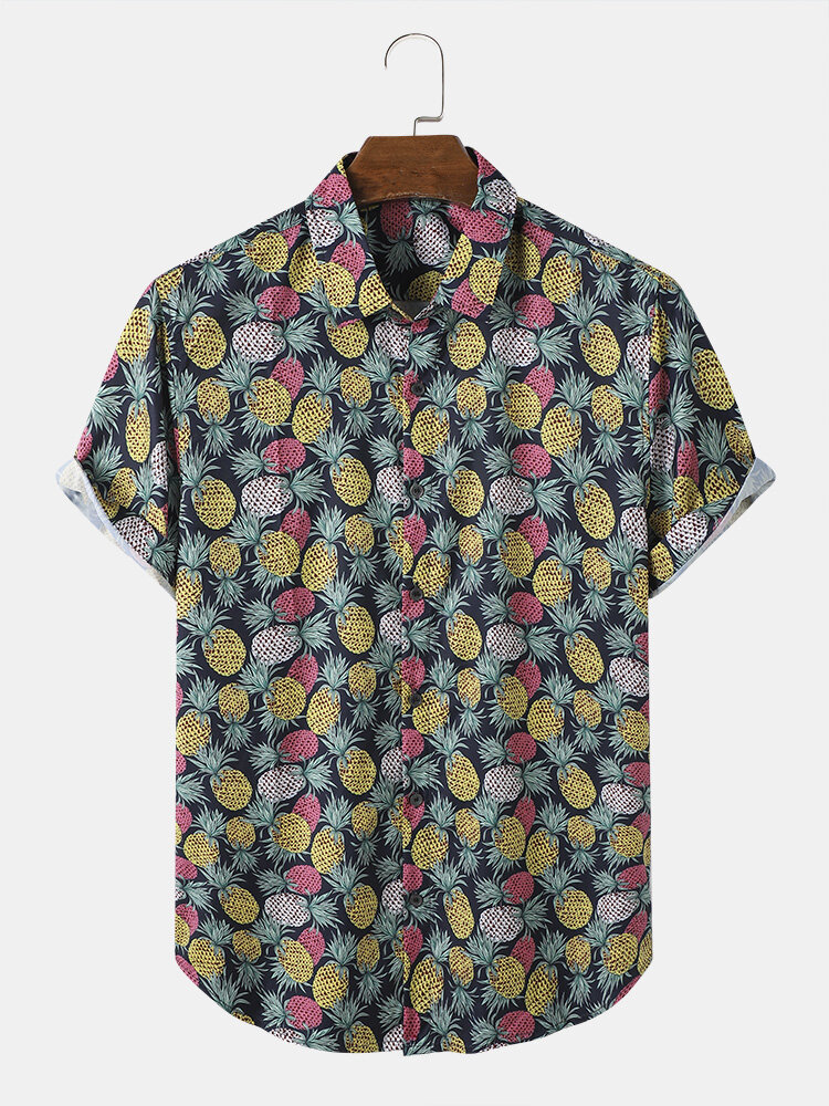 Men Funny Allover Pineapple Print Street Button Curved Hem Holiday Shirts