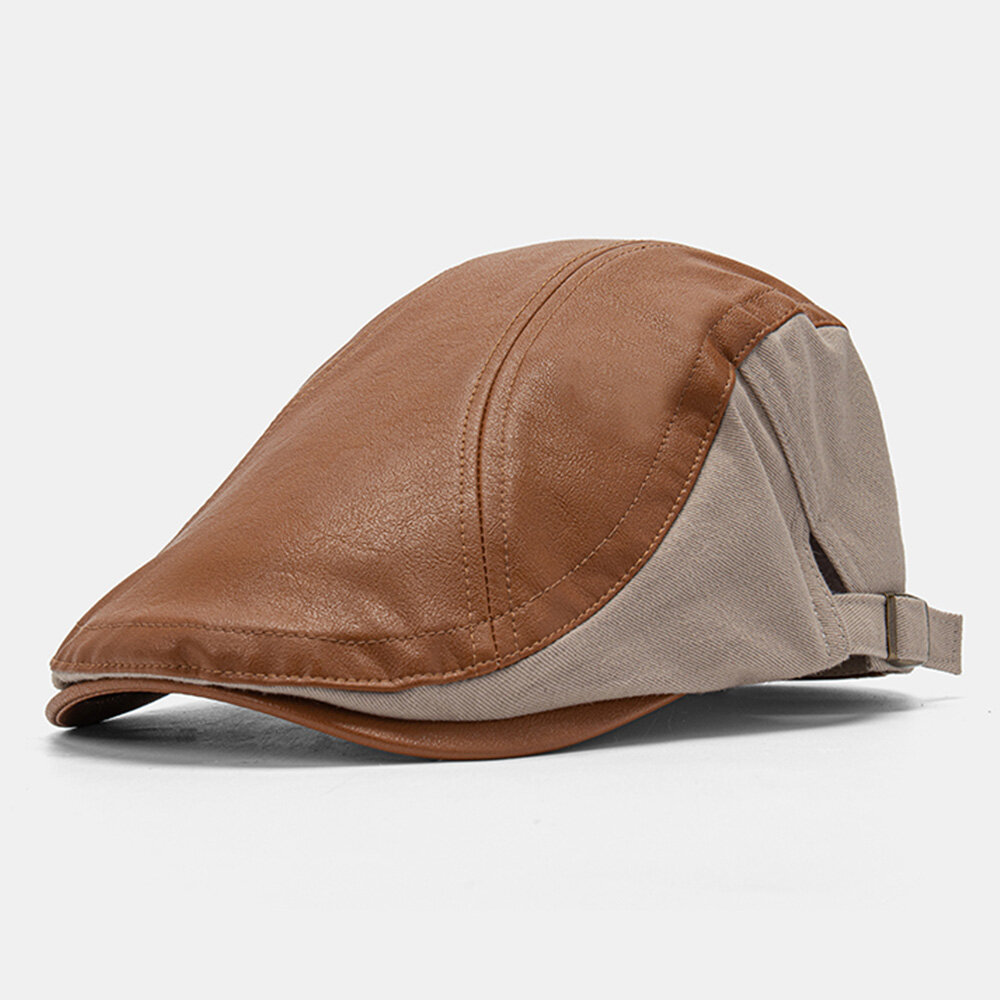 Men Leather Stitching Solid Color Beret Cap Adjustable Outdoor Sunshade Flat Cap Ivy Cap