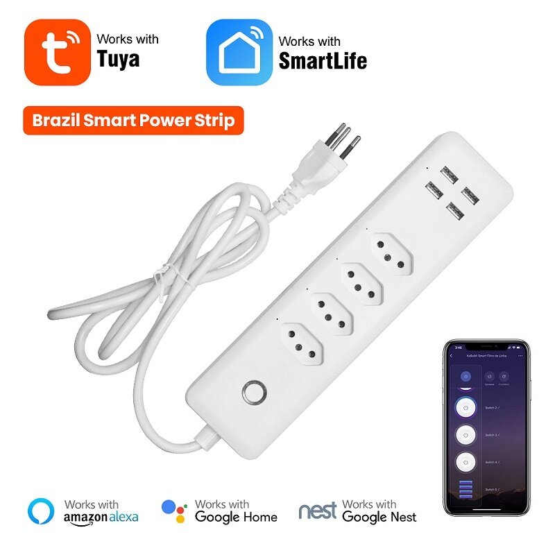 RSH Tuya Brazil WiFi Smart Power Strip with 4 Outlets 4USB Ports 1.4m Extension Cord Voice works wit