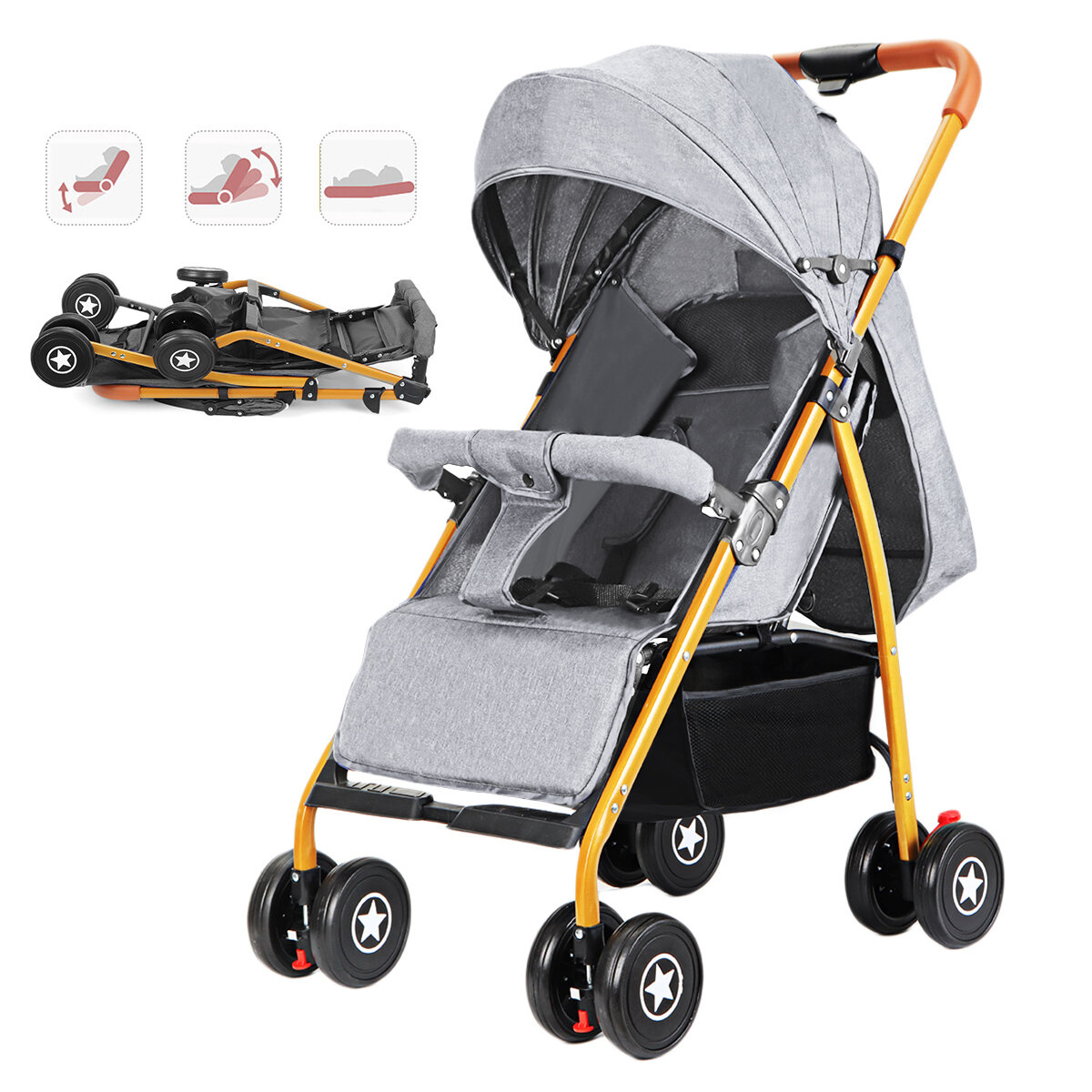 Foldable Baby Stroller Waterproof Three Angle Adjustment Baby Cart High-view Reclining Stroller Ligh