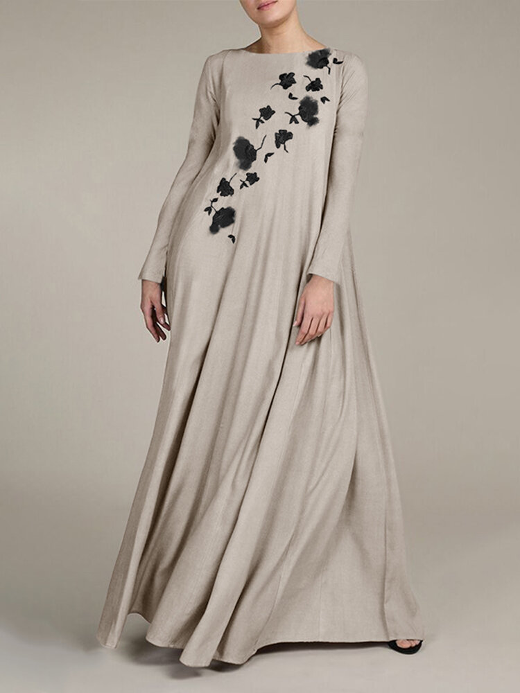 Damesbladeren Print Side Split Button Casual O-hals Maxi-jurk met lange mouwen