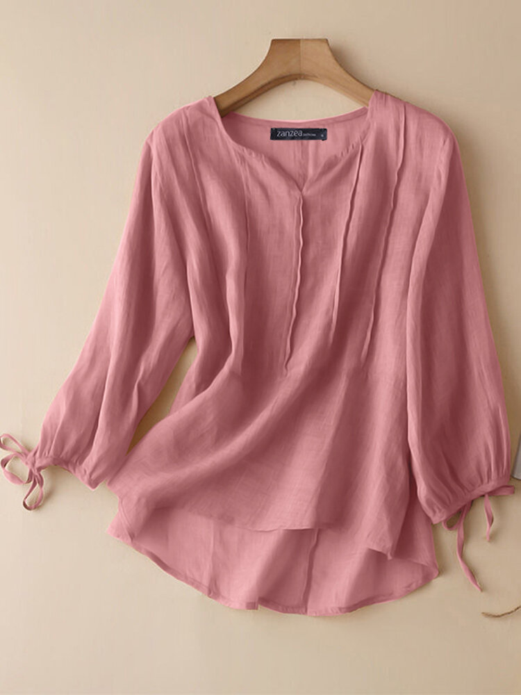 

Solid Tie-up At Cuffs 3/4 Sleeve V-neck Blouse