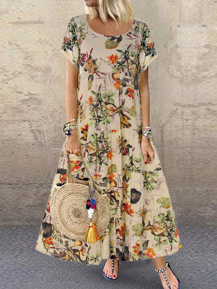 Vintage Floral Leaves Print O-neck Short Sleeve Bohemia Pleated Maxi Dress