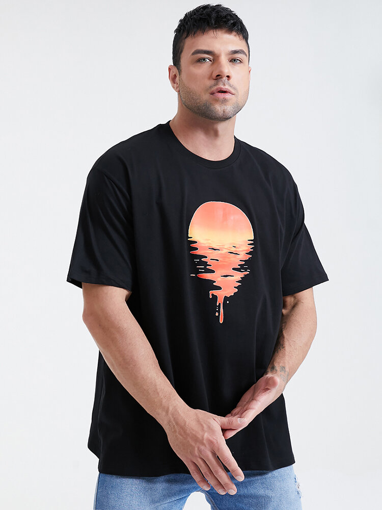 Heren Sunset Graphic Print katoenen T-shirt met ronde hals en korte mouwen Plus
