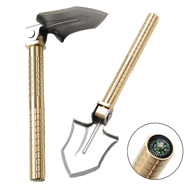 Military Portable Folding Brass Shovel With Compass Multifunction Hoe Trowel Spade Knife Tools for Garden Outdoor Campin