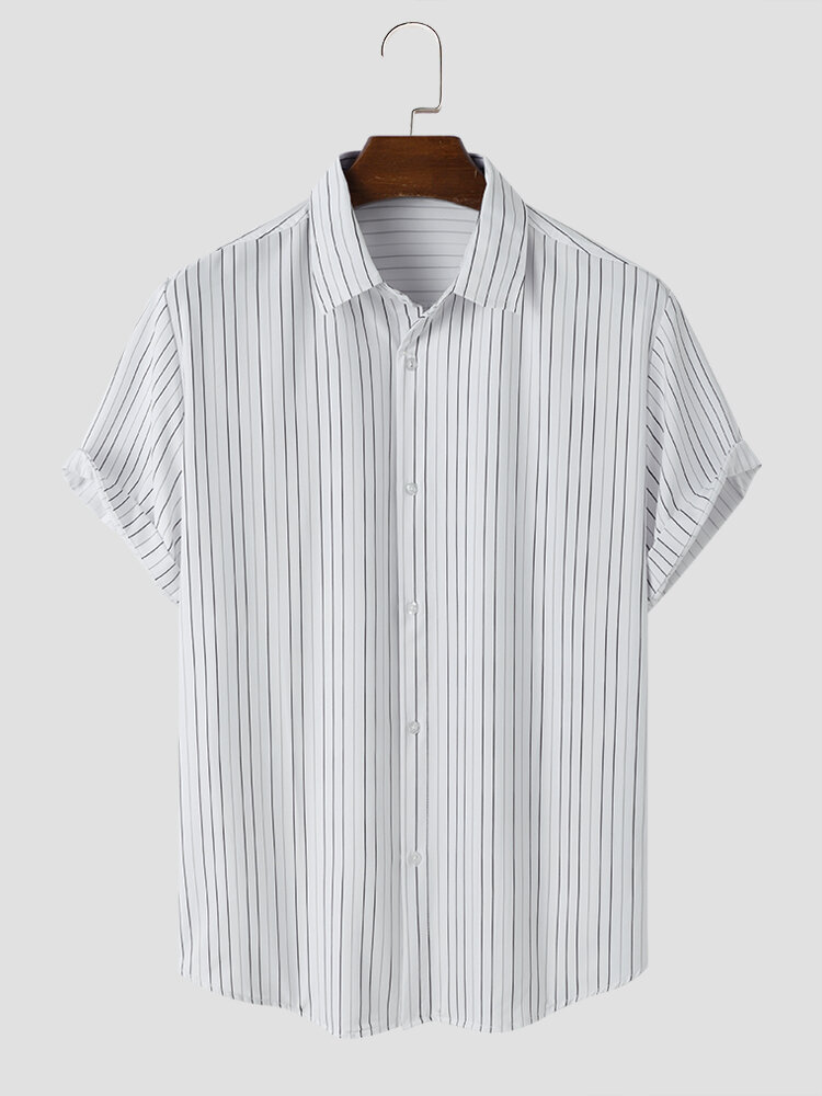 Men Striped Pattern Buttons Soft Curved Hem Comfy Breathable Shirts