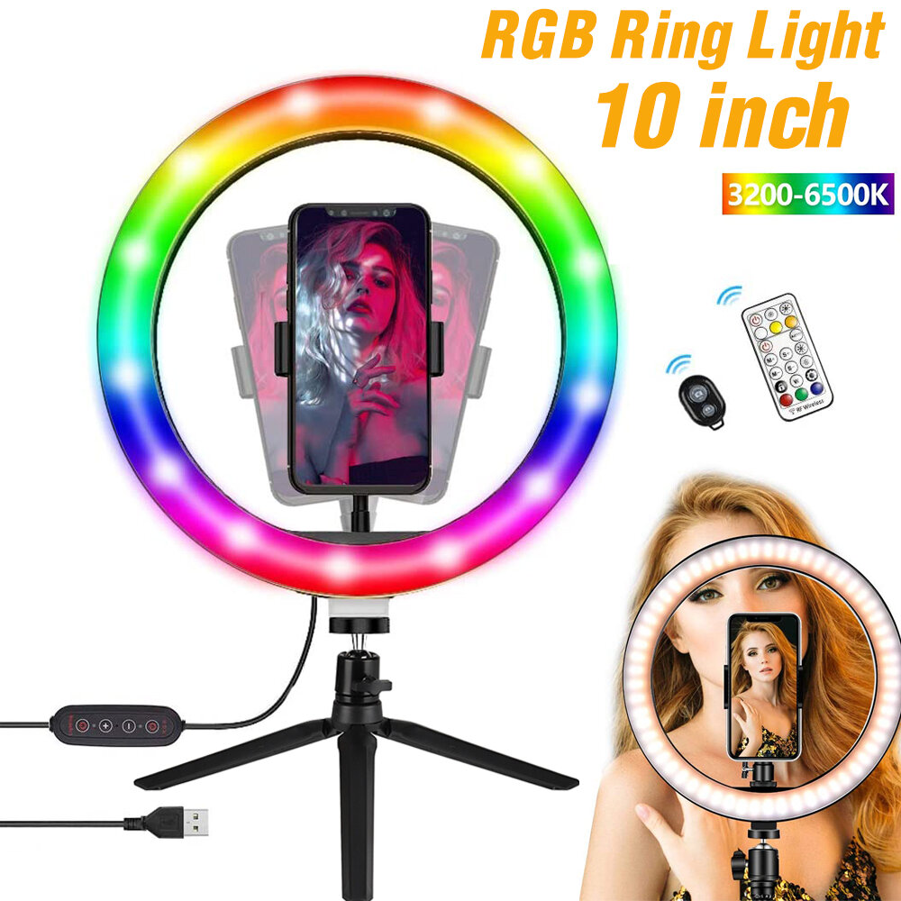 

10 inch LED Ring Fill Light 26 Colorful RGB Modes Desktop Tripod Stand Live Selfie Holder with USB Powered for YouTube T