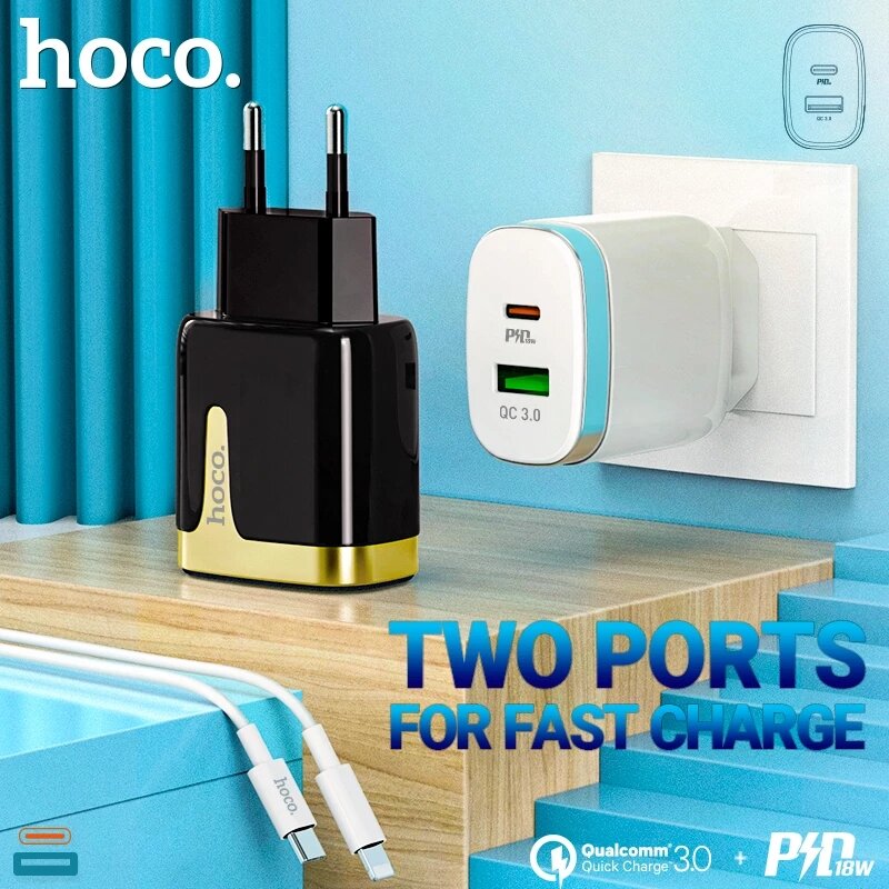 

HOCO C79A 18W 2-Port USB PD Charger Dual 18W PD3.0 QC3.0 FCP SCP Fast Charging Wall Charger Adapter EU Plug for iPhone 1
