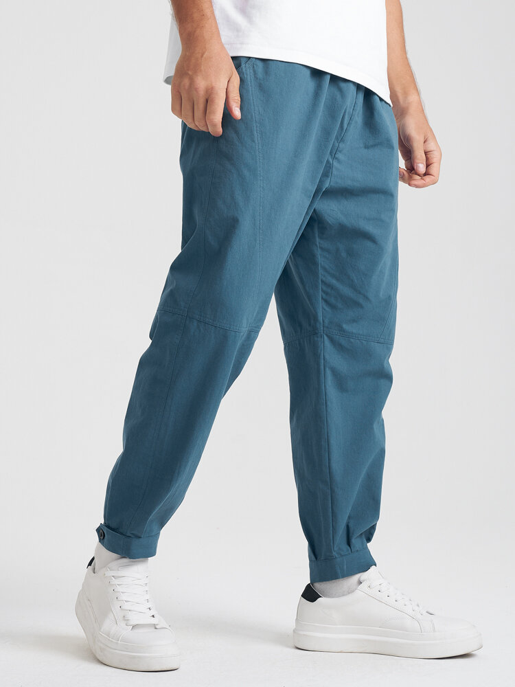 Mens Seam Detail Solid Color Cotton Button Cuff Pants With Pocket