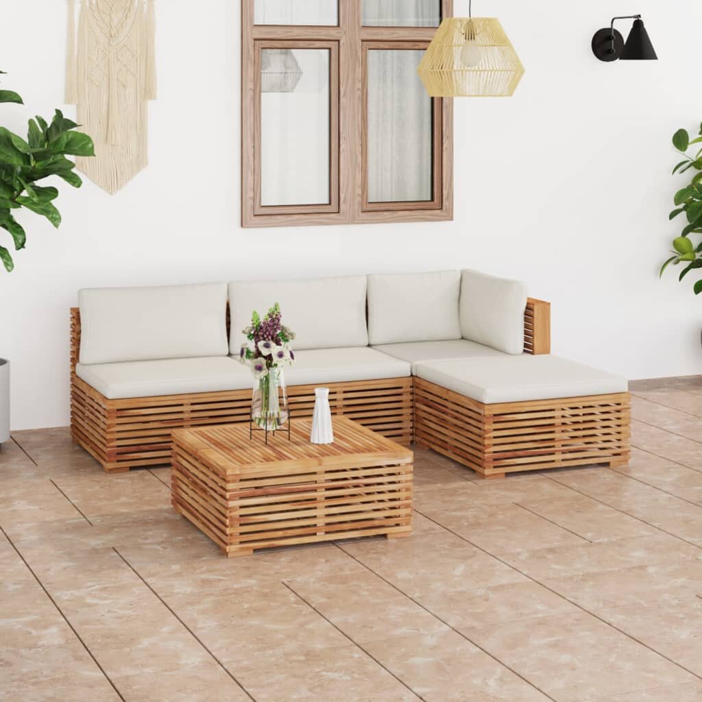 5 Piece Garden Lounge Set with Cream Cushion Solid Teak Wood