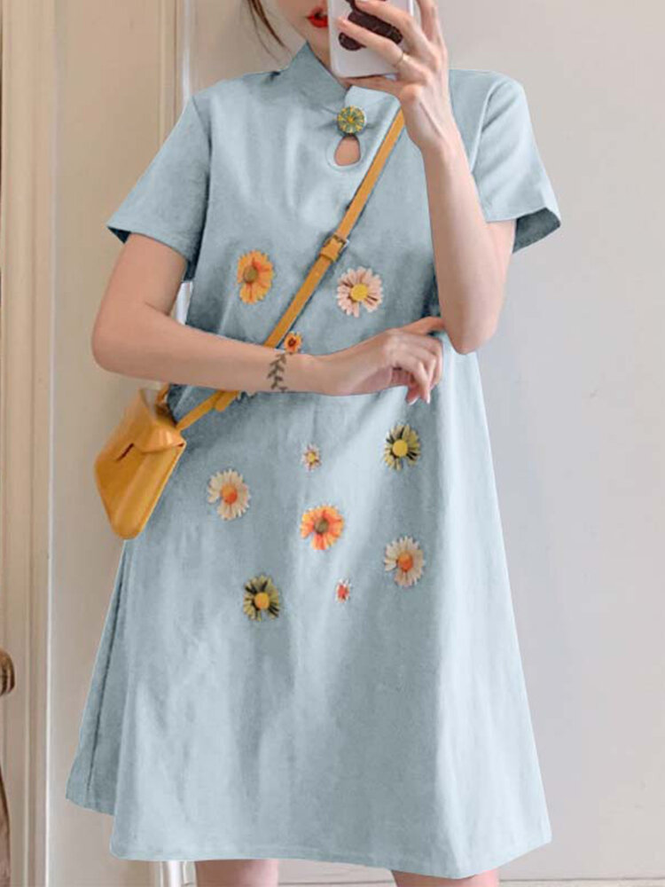 Embroidery Floral Splicing Lapel Casual Dress For 