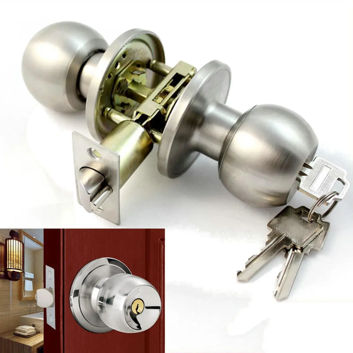 Stainless Steel Bathroom Round Door Knobs Set Handle Entrance Lock With Key 