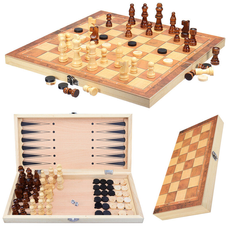 

3-in-1 Folding Chessboard Wood Chess Board Box PuzzleKids Adult Game Toy with Chess