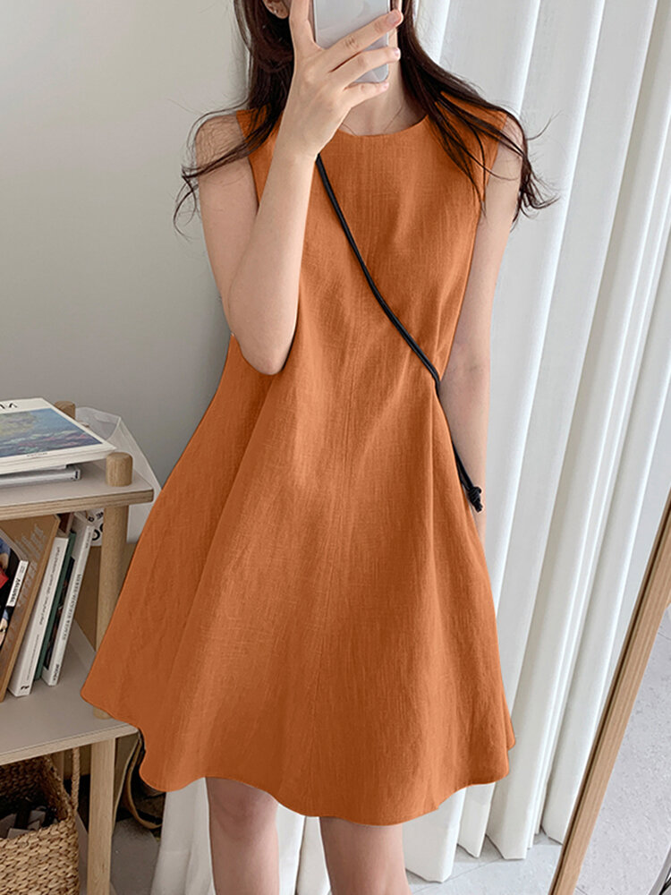 Women Cotton Solid Color Round Neck Sleeveless Casual Midi Dress