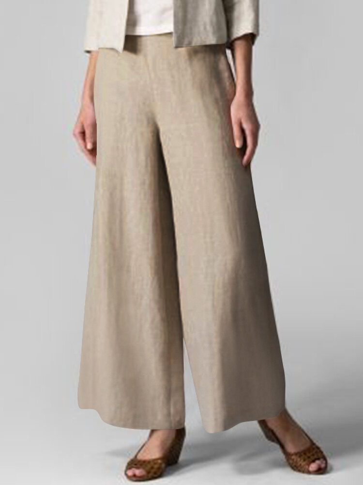 

Women Solid Casual Cotton Elastic Waist Flared Wide Leg Pants With Pocket