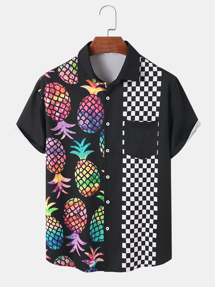 Heren Ananas & Gingham Print Pocket All Matched Skin Friendly Shirts