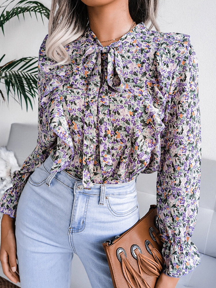 Floral Print Long Sleeve Knotted Ruffles Blouse For Women