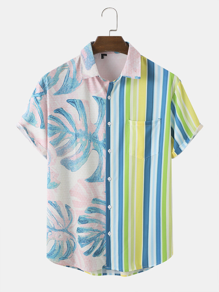 Heren Tropical Leaf & Striped Print Two Tone Lifeful Single Pocket Soft Ademende shirts