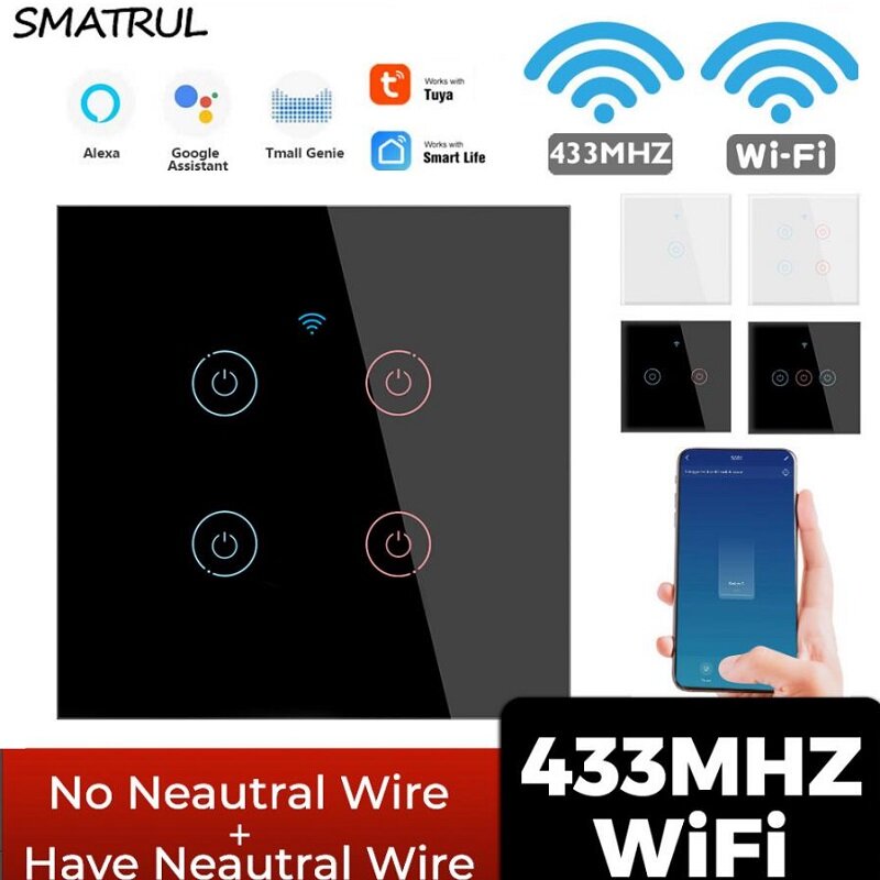 SMATRUL Tuya 433mhz Smart Wifi Touch Switch Light EU No Neutral Wire Required Remote Timing Control 