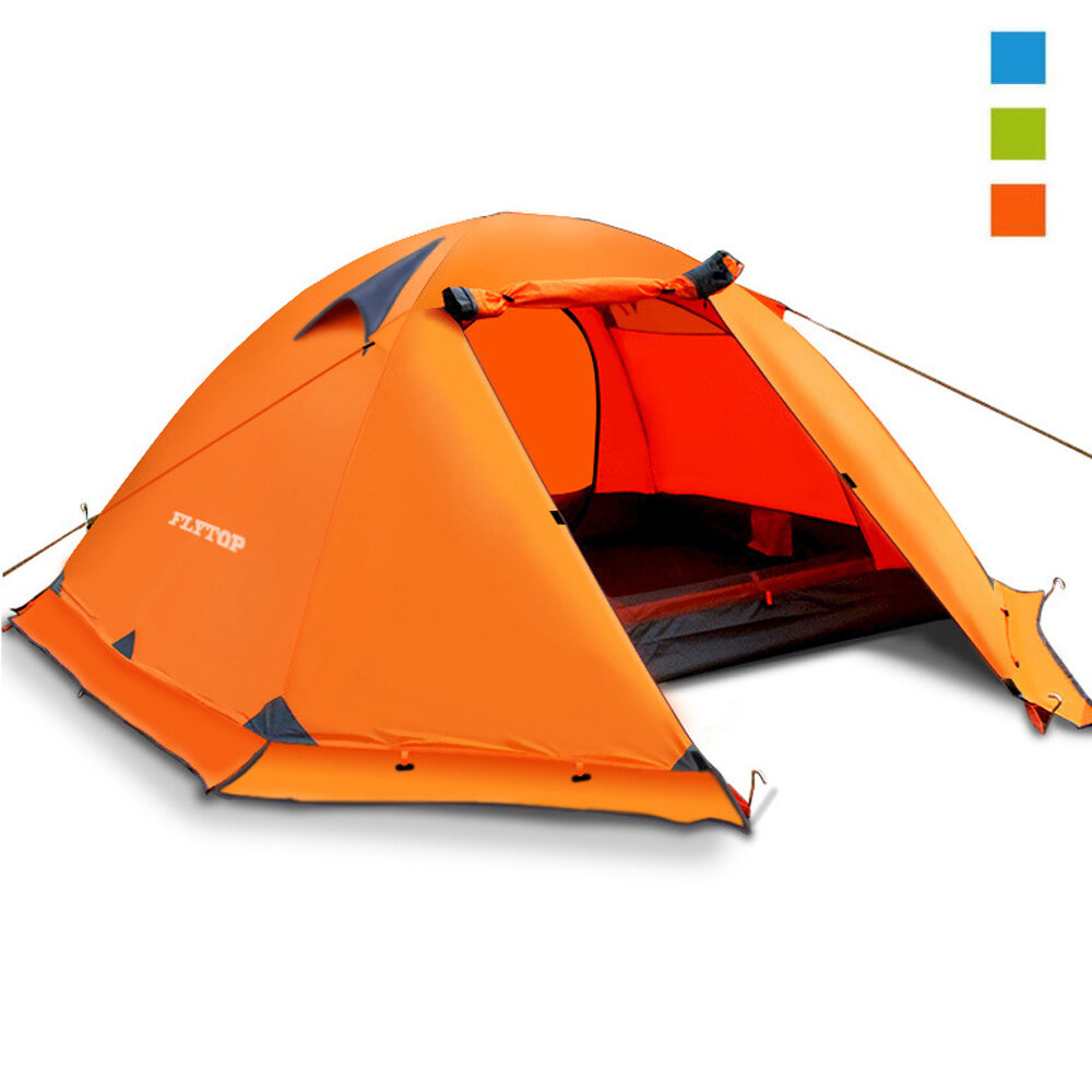 Conjunto de tenda de acampamento FLYTOP para 2 pessoas com dupla camada, postes de alumínio, proteção contra neve e vento, toldo anti-UV e saia de neve.