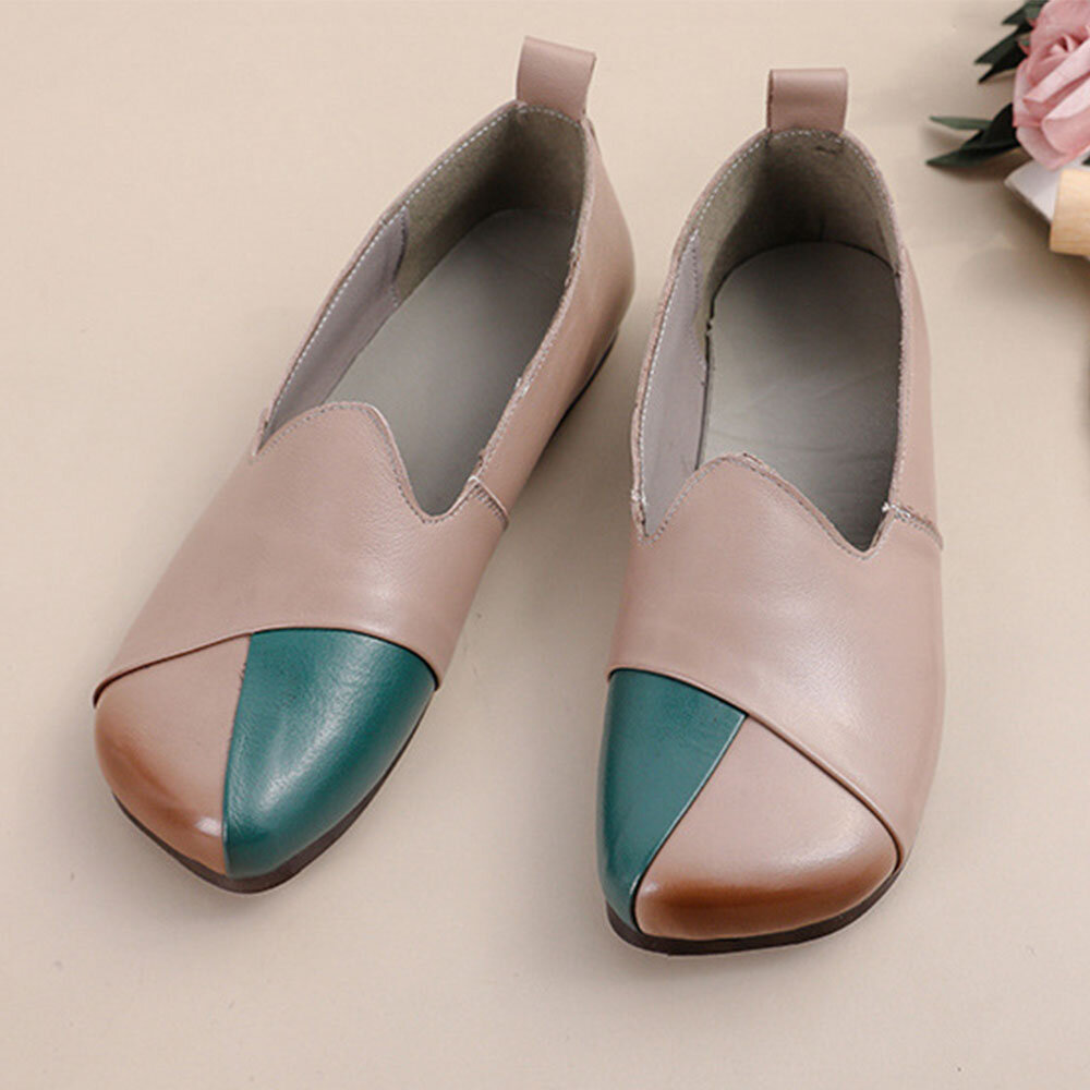 Women Casual Retro Colorblock Genuine Leather Soft Comfortable Lazy Flat Shoes