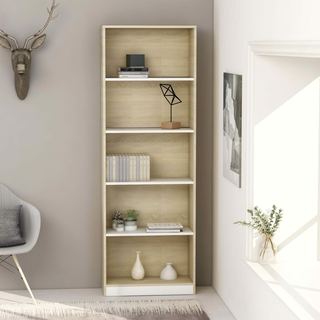 

5-Tier Book Cabinet White and Sonoma Oak 23.6"x9.4"x68.9" Chipboard