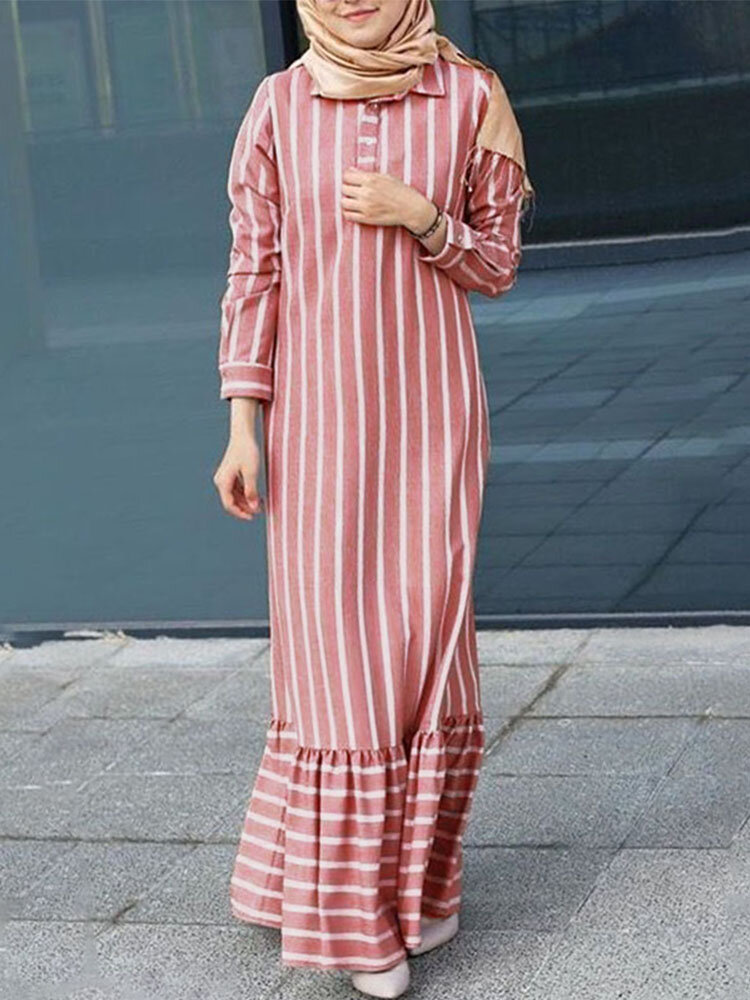Women Stripe Lapel Ruffle Hem Kaftan Casual Long Sleeve Maxi Dresses