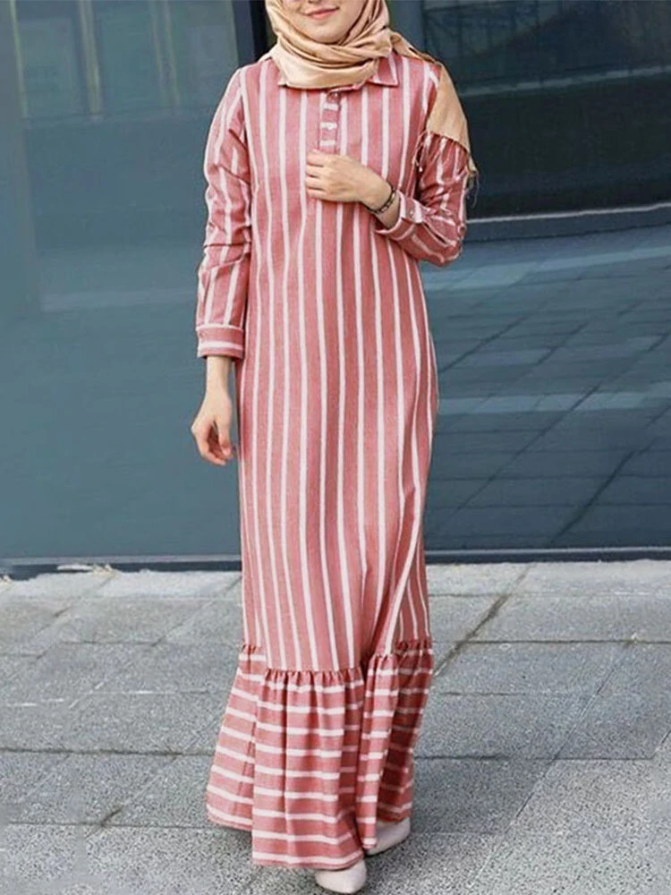 Women stripe lapel ruffle hem kaftan casual long sleeve maxi dresses