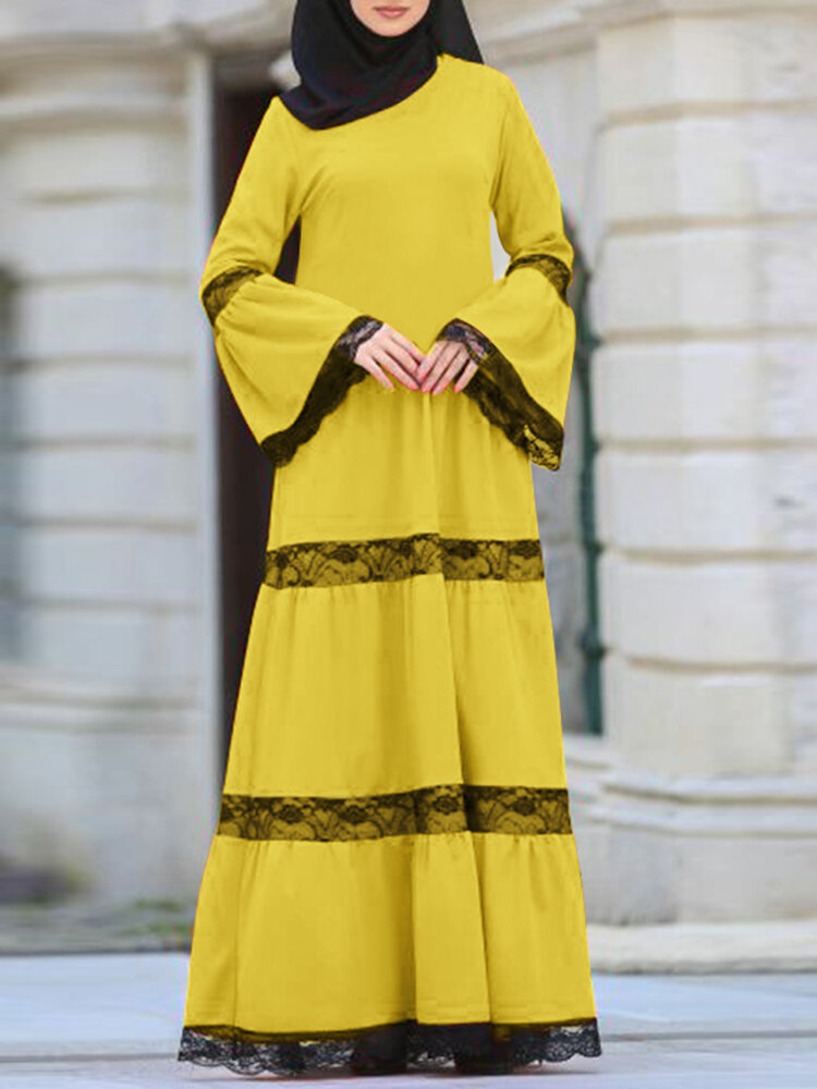 Color Block Lace Stitching O-neck Long Sleeve Layered Kaftan Causal Maxi Dress