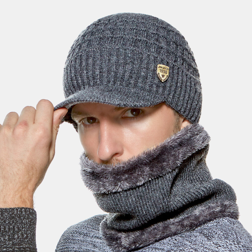 2 PCS Men Winter Plus Velvet Warm Cashmere Bonnet Knitted Caps Scarf Mask Outdoor Wild Elastic Adjus