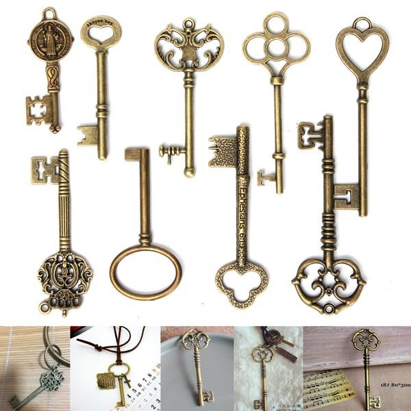 9 stuks antieke vintage skelet toetsen brons charm hangers voor DIY sieraden maken