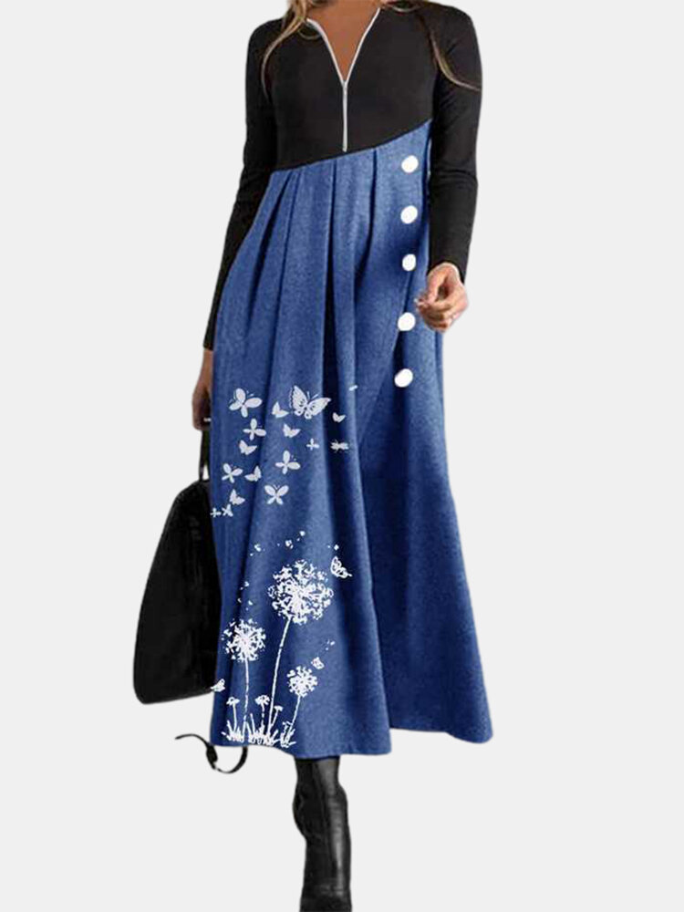 Women Contrast Patchwork Butterfly Print V-Neck Zip Long Sleeve Casual Maxi Dresses