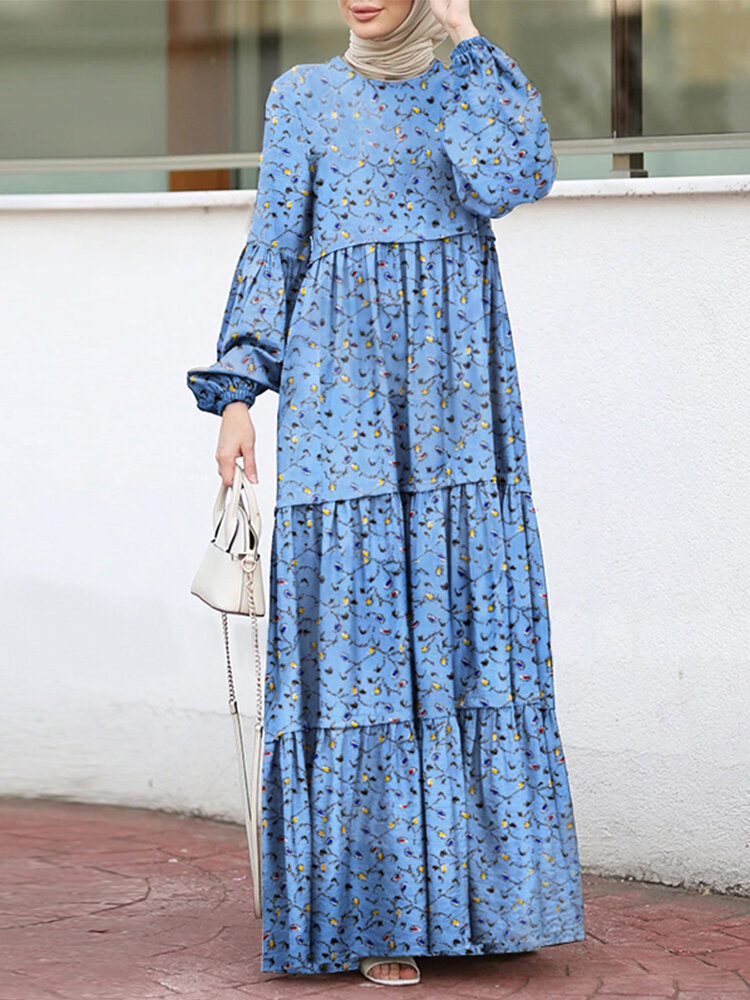 Women Floral Print Tiered Round Neck Button Back Casual Puff Sleeve Maxi Dresses