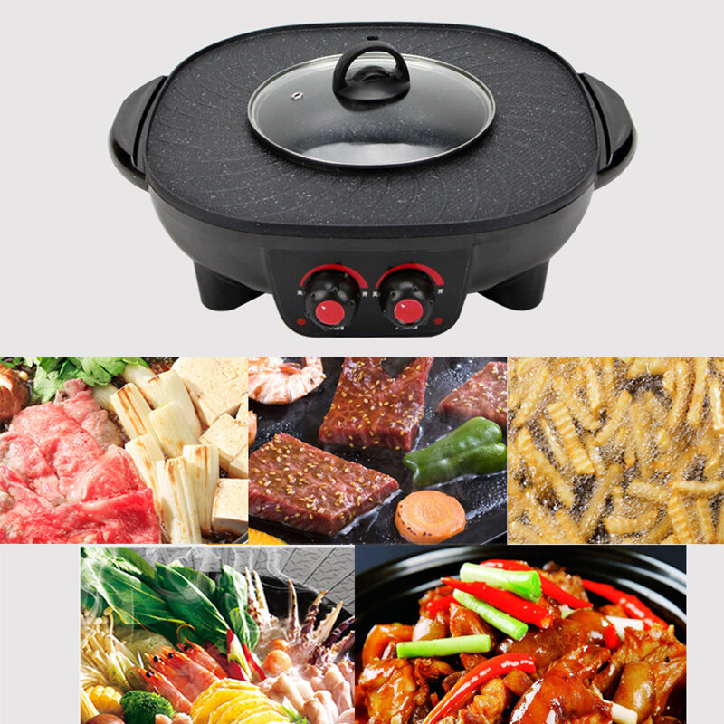 220V 2 in 1 elektrische rookloze hotpot Oven Barbecue Pan Hot Pot BBQ Grill Machine