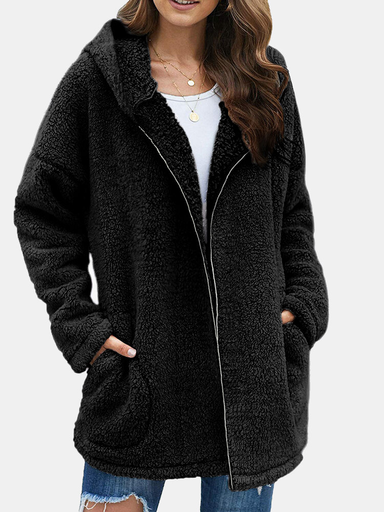 Women Fluffy Solid Full Zipper Hood Side Pocket Long Sleeve Warm Casual Hooded Sweatshirts